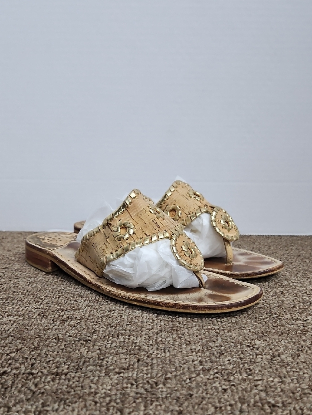 Jack Rogers Cork & Gold Leather Sandals Sz 8 Womens
